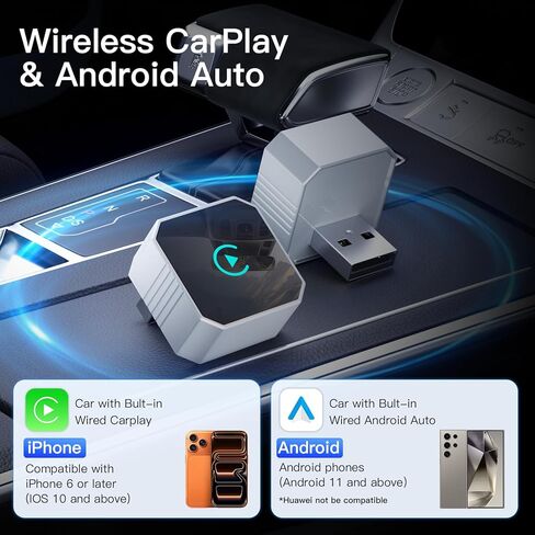 محول Aimoon اللاسلكي CarPlay لعام 2026 لـ CarPlay وAndroid Auto، حجم صغير سلكي إلى CarPlay اللاسلكي، التوصيل والتشغيل، اتصال سريع ومستقر، محول تشغيل السيارة مدمج مع USB/USB-C (فضي، حجم صغير) in Kuwait