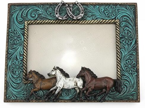 Comfy Hour Western Retro Collection Running Horses Photo Frame with Horseshoe Design, Blue Resin, 20.7cm Length, 2.2cm Width, 16.2cm Height in Saudi Arabia