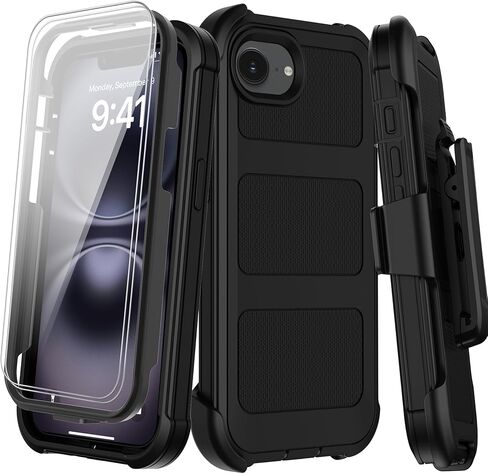 for iPhone 16e Case with Belt Clip Holster,Screen Protector X2,Heavy Duty Shockproof Drop Protection Military Grade 3 Layers Full Covered Rugged Durable Phone Cover for Apple 16e (Black Orange) in Saudi Arabia