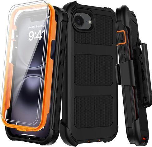 for iPhone 16e Case with Belt Clip Holster,Screen Protector X2,Heavy Duty Shockproof Drop Protection Military Grade 3 Layers Full Covered Rugged Durable Phone Cover for Apple 16e (Black Orange) in Saudi Arabia