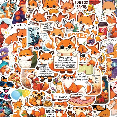 ملصقات BEATRI Cute Fox 50 قطعة من الفينيل مقاومة للماء لزجاجات المياه، وسجلات القصاصات والكمبيوتر المحمول ولوح التزلج ومعدات السفر | شارات غير متكررة، طباعة عالية الوضوح لهدايا حفلات الثعلب in Kuwait
