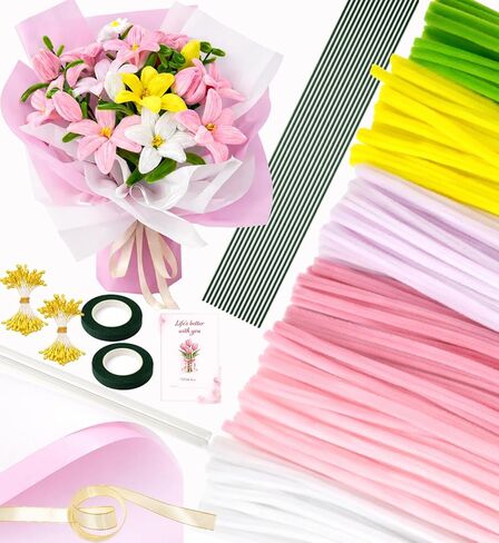 400pcs طقم زهرة أنابيب أنابيب - منظفات الأنابيب بشكل كبير مع 4 ألوان متنوعة ينبع تشنيل لمجموعة صناعة الزهور DIY ، وتشمل الأسلاك الأزهار ، والشريط ، والسلالة والشريط (الوردي) in Kuwait