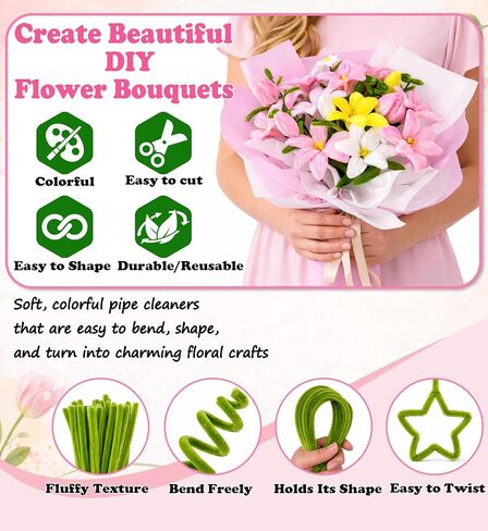 400pcs طقم زهرة أنابيب أنابيب - منظفات الأنابيب بشكل كبير مع 4 ألوان متنوعة ينبع تشنيل لمجموعة صناعة الزهور DIY ، وتشمل الأسلاك الأزهار ، والشريط ، والسلالة والشريط (الوردي) in Kuwait