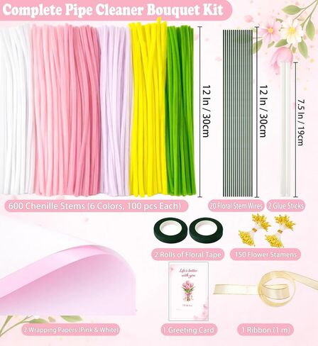 400pcs طقم زهرة أنابيب أنابيب - منظفات الأنابيب بشكل كبير مع 4 ألوان متنوعة ينبع تشنيل لمجموعة صناعة الزهور DIY ، وتشمل الأسلاك الأزهار ، والشريط ، والسلالة والشريط (الوردي) in Kuwait