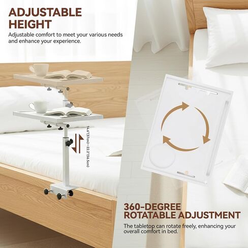 رف بجانب السرير، صينية قابلة للطي دوارة: رف بجانب السرير قابل للتعديل للسرير، طاولة صينية جانبية لسرير الخيزران مع عمود معدني قوي، تناسب إطارات السرير بعرض 0.7 بوصة - 2.7 بوصة للمساكن والشقق وغرف النوم وأساسيات النوم in Kuwait