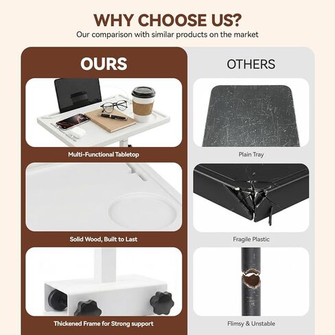 رف بجانب السرير، صينية قابلة للطي دوارة: رف بجانب السرير قابل للتعديل للسرير، طاولة صينية جانبية لسرير الخيزران مع عمود معدني قوي، تناسب إطارات السرير بعرض 0.7 بوصة - 2.7 بوصة للمساكن والشقق وغرف النوم وأساسيات النوم in Kuwait