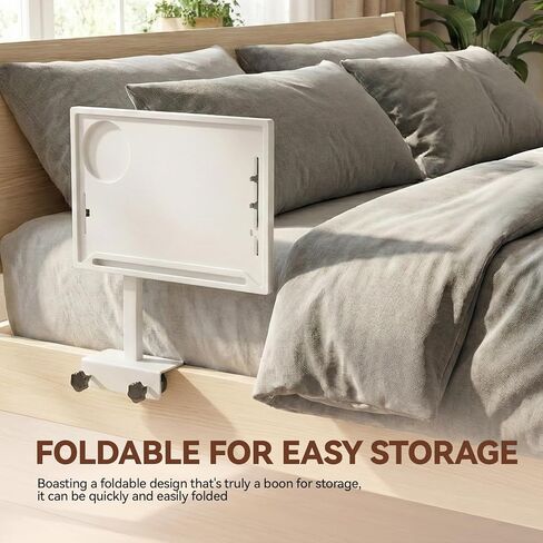 رف بجانب السرير، صينية قابلة للطي دوارة: رف بجانب السرير قابل للتعديل للسرير، طاولة صينية جانبية لسرير الخيزران مع عمود معدني قوي، تناسب إطارات السرير بعرض 0.7 بوصة - 2.7 بوصة للمساكن والشقق وغرف النوم وأساسيات النوم in Kuwait