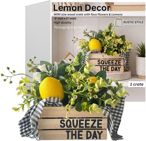 Viva's Flower Shop Rustic Wood Lemon Crate with Artificial Flowers, Mini Lemon Crate with Faux Flowers – Tiered Tray Decor for Kitchen – Farmhouse Style Tiered Tray Accent, 5"x6" (Citrus Got Real) in Kuwait
