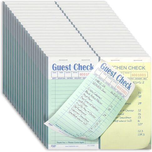 فحص ضيف مزدوج الجزء من العلامات التجارية FMP للخوادم، وسادات ملاحظات الخادم 500 ورقة (10 وسادات)، وكتب الخادم للنادلة مع نسخ كربونية، فحص الضيف جزأين بدون كربون، دفتر إيصالات مع نسخ كربونية in Kuwait