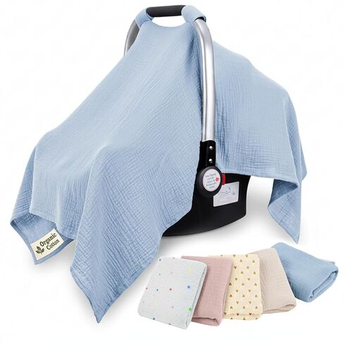 Organic Cotton Baby Car Seat Cover 35 x 50 Inches Soft Touch with Breathable Canopy, Protective Car Seat Cover Baby for All Seasons, Lightweight Car Seat Cover for Infant Travel Comfort in Saudi Arabia