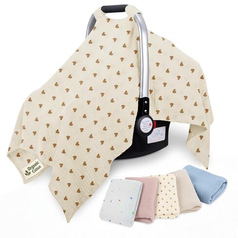 Organic Cotton Baby Car Seat Cover 35 x 50 Inches Soft Touch with Breathable Canopy, Protective Car Seat Cover Baby for All Seasons, Lightweight Car Seat Cover for Infant Travel Comfort in Saudi Arabia