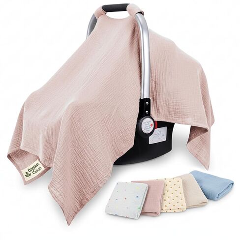 Organic Cotton Baby Car Seat Cover 35 x 50 Inches Soft Touch with Breathable Canopy, Protective Car Seat Cover Baby for All Seasons, Lightweight Car Seat Cover for Infant Travel Comfort in Saudi Arabia