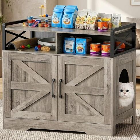 قطة القمامة مربع الأثاث - خزانة مربع القمامة المخفية مع لوحة الخدش والتحكم في الرائحة | طاولة نهاية نمط المزرعة للقطط | حمام قطة سرية لغرفة المعيشة وغرفة نوم رمادية in Kuwait