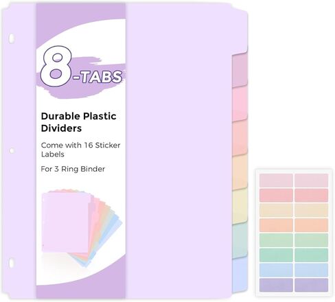 SKYDUE Durable Plastic 8-Tab Dividers, Big Tab Dividers for 3 Ring Binder, Write&Erase 3 Ring Binder Dividers with Tabs,with Sticker Labels, 1 Set, Pastel Color in Saudi Arabia