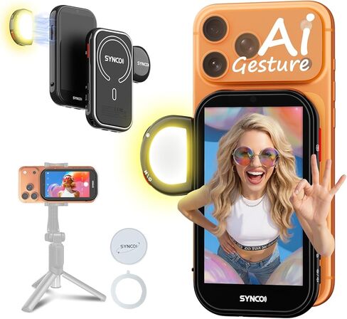 شاشة SYNCO XView AI Gesture Selfie لسلسلة iPhone 7-17، شاشة كاميرا خلفية لاسلكية وخاصة مع نطاق 164FT، شاشة تسجيل فيديو للكاميرا الخلفية المغناطيسية 4K/1080p لـ TikTok، YouTube (أسود) in Kuwait