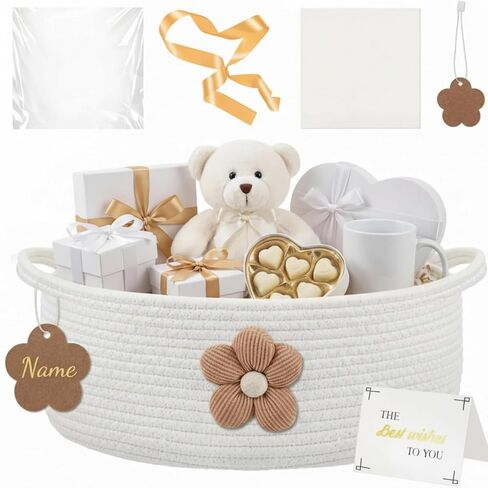Empty Flower Gift Basket with Gift Bag, Ribbon, Tissue Paper, Card, Tag, 14" x 10" x 5.5" Woven Cotton Basket, Decorative Storage for Organizer‌, Gifts, Baby Shower, Wedding, Birthday in Saudi Arabia