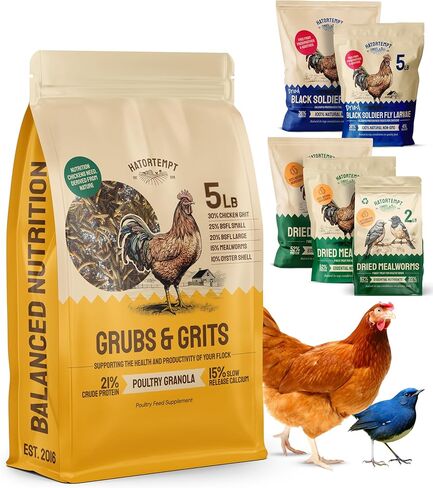 5lb Grubs & Grits Organic Chicken Feed - 3 Grub Blend with Oyster Shells & Grits - Dried Mealworms for Chickens Plus Large & Small Black Soldier Fly Larvae - Food Designed for Foraging in Kuwait