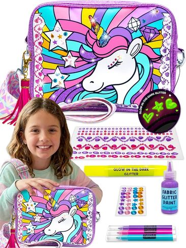 مجموعة الأرجواني الخنفساء DIY Unicorn Crossbody Bag Kit للفتيات مع قلم لامع في الظلام ، ملصقات الأحجار الكريمة وطلاء النسيج ، أفكار هدايا عيد ميلاد الفتاة البالغة من 6 إلى 12 عامًا ، حرف يونيكورن للفتيات ، هدايا لطيفة in Saudi Arabia