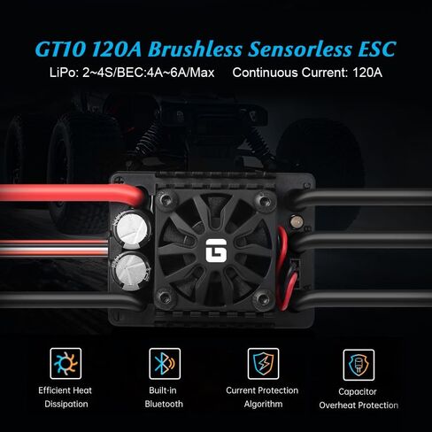 Globact GT10 120A بدون مستشعر بدون مستشعر ESC مضاد للماء مضمن في Bluetooth جهاز تحكم إلكتروني للسرعة الإلكترونية لـ TRAXXASAS ARRMA BIG ROCK LOSI 1/10 RC ترقيات الشاحنة in Saudi Arabia