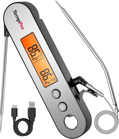 ThermoPro TP610 ميزان حرارة اللحوم الرقمي للطهي، مقياس حرارة الطعام القابل لإعادة الشحن للقراءة الفورية مع شاشة LCD دوارة، مقياس حرارة الطبخ مقاوم للماء مع منبه للشواء والمدخن والشواء والفرن in Kuwait