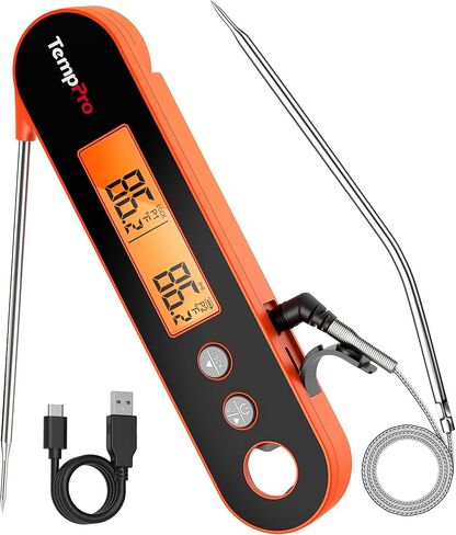 ThermoPro TP610 ميزان حرارة اللحوم الرقمي للطهي، مقياس حرارة الطعام القابل لإعادة الشحن للقراءة الفورية مع شاشة LCD دوارة، مقياس حرارة الطبخ مقاوم للماء مع منبه للشواء والمدخن والشواء والفرن in Kuwait