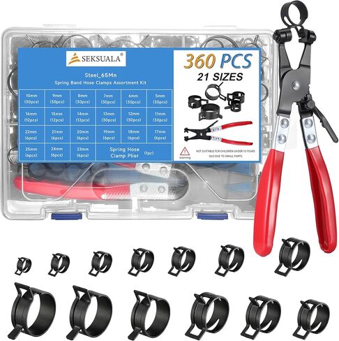 360Pcs 1/5" to 1-3/8" (5-34mm) Spring Band Hose Clamps Assortment Kit with Swivel Flat Hose Clamp Plier, SEKSUALA Constant Tension Steel Clamps for Fuel Lines, Silicone,Vacuum Hoses (Black) in Saudi Arabia