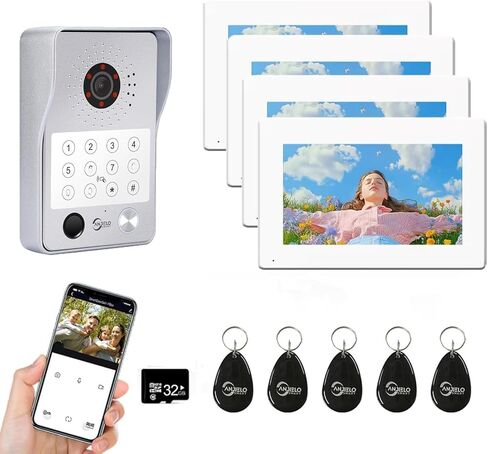 WiFi Wired Video Doorbell System,7 Inch High-Definition Monitor +Ring Camera,Remote/ID/Password/Fingerprints Unlock,Night Vision,Two-Way Intercom,Snapshot for Villa Home (2 Doorbell+4 Monitor) in Saudi Arabia
