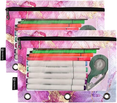 Gredecor Binder Pencil Pouch 3 Ring Alcohol Ink Marble Modern Zipper Pencil Pouches Case 2 Pack Cosmetic Bags with Clear Window Organizer for School Office in Saudi Arabia