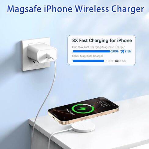 شاحن Mag-Safe لهاتف iPhone 17/16/15، [معتمد من Apple MFi] لوحة شحن مغناطيسية لاسلكية سريعة بقدرة 15 وات مع كتلة شاحن حائط USB C لهاتف Apple iPhone 17 Pro Max/17 Air/17 Pro/17/16E/16/15/14/13/12، AirPods in Kuwait