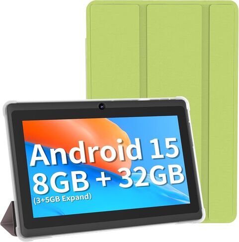 7 Inch Tablet with Case, Five Core Android 15 Tablets, 8GB RAM 32GB ROM 512GB Expand, 1024x600 IPS HD Display, 3500mAh,Dual Camera, USB C Tablet PC (Black) in Saudi Arabia