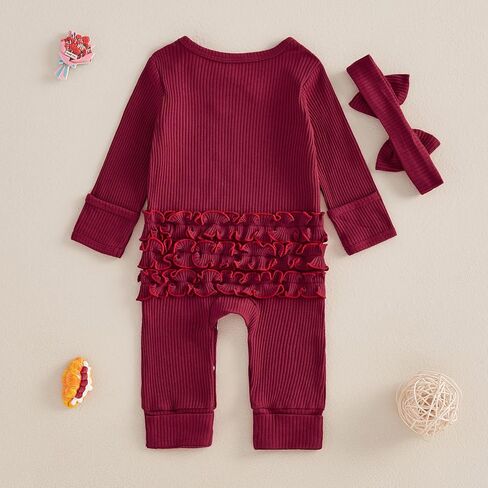 Baby Girl My First Valentines Romper Outfit Ribbed Long Sleeve One Piece Jumpsuit Headband 2Pcs Clothes Set in Saudi Arabia