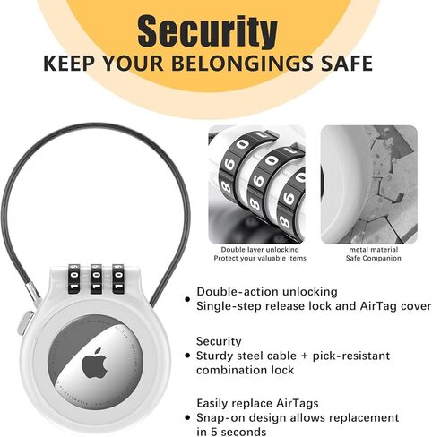 حامل AirTag مع قفل مجمع مكون من 3 أرقام، حافظة واقية مضادة للسرقة من سبائك الزنك مع كابل فولاذي، قفل آمن للأمتعة وعربات الأطفال وحقائب الظهر هدية عيد الميلاد على شكل فيل أبيض للنساء والرجال - أسود in Kuwait