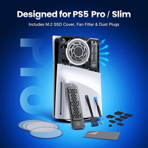 ترقية التبريد والحماية من الغبار من GRAUGEAR لجهاز PS5 Pro/PS5 Slim، وPS5 Pro/Slim M.2 SSD غطاء المبدد الحراري مع مرشح غبار المروحة ومقابس المنافذ، يمنع ارتفاع درجة الحرارة وتراكم الغبار (أسود) in Kuwait