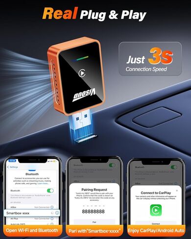 محول CarPlay اللاسلكي لأجهزة iPhone وAndroid Auto، شريحة A9 من الجيل الخامس، توصيل وتشغيل صغير للغاية، إعادة توصيل تلقائي أسرع 6 مرات، تحويل سلكي إلى لاسلكي، بدون تأخير لنظام iOS 10+ وAndroid 11+ in Kuwait