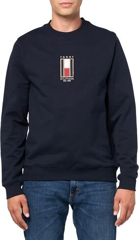 Tommy Hilfiger Men's Medium Weight Crewneck Sweatshirt with Vertical Embroidered Flag Logo in Saudi Arabia