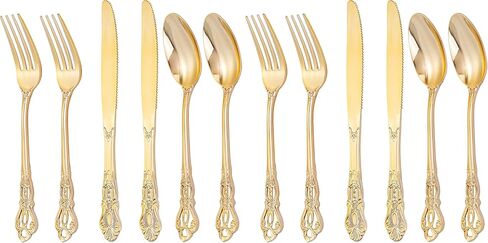 Joyido 90 Pieces Gold Plastic Silverware - Heavy Duty Gold Disposable Utensils - Fancy Plastic Cutlery Set Includes 30 Forks, 30 Spoons, 30 Knives for Dinner Parties Weddings in Saudi Arabia