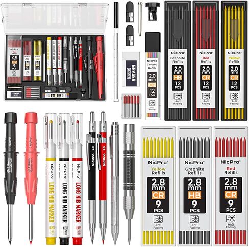 Nicpro 24PCS CP3000 Mechanical Carpenter Pencil Set with Sharpener & Sheath, Lead Refills, Long Nib Marker, Center Punch, Carbide Scribe Tools, Heavy Duty Construction Pencil for Architect Woodworking in Saudi Arabia