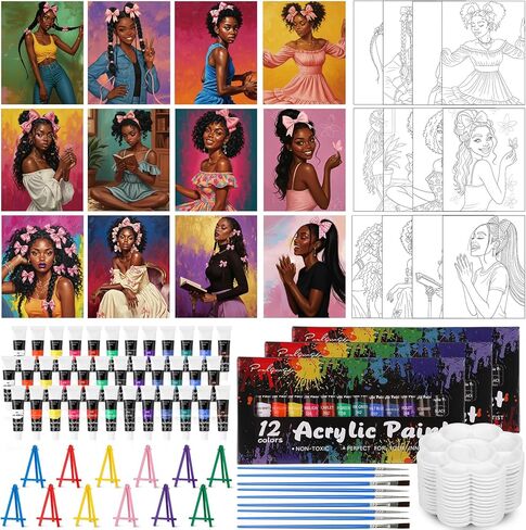 Sherr 108 Pcs 12 Set Pre Drawn Canvas Painting Kit 8'' x 10'' Sip and Paint Kit Gift for Adults Pre Printed Canvas DIY Art Party Supplies for Birthday Adults Date Night Party Team Building(Lady) in Kuwait