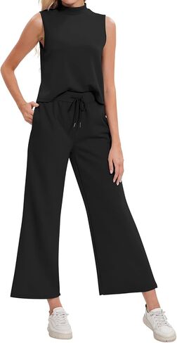 ملابس صيفية للسيدات من FANCYINN مكونة من قطعتين رقبة وهمية قطع علوية قصيرة برباط بنطال ذو قصة أرجل واسعة بدلة قفز مع جيوب in Kuwait