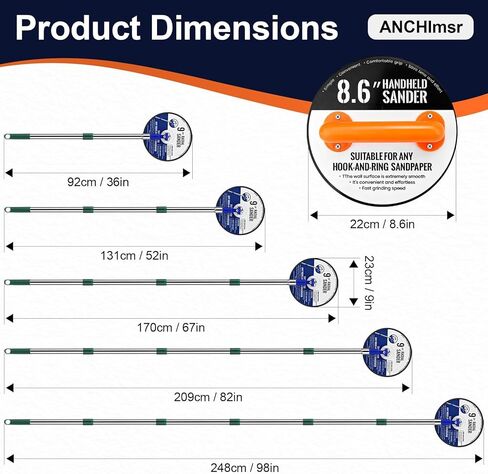 Pole Sander for Drywall, 89 Inch Manual Hand Drywall Sander with Extension Pole, Bag, 360 Circular Radial Hand Sander for Painting Projects with 5pcs Sanding Discs (80, 100, 120, 180, 240 Grit) in Kuwait