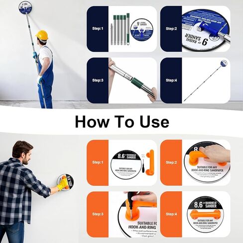 Pole Sander for Drywall, 89 Inch Manual Hand Drywall Sander with Extension Pole, Bag, 360 Circular Radial Hand Sander for Painting Projects with 5pcs Sanding Discs (80, 100, 120, 180, 240 Grit) in Kuwait