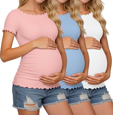 3 Pack Women's Maternity Shirt Short Sleeve Cotton T-Shirts Boat Neck Ribbed Tops Side Ruched Pregnancy Clothes in Saudi Arabia