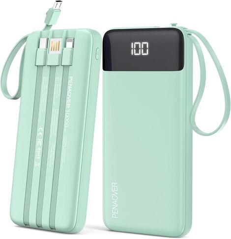 Portable Charger 10000mAh Power Bank with Built-in Cable, 5 Output 2 Input Travel Essential External Battery Pack with LED Display Compatible with iPhone 17/16/15/14 Samsung Android, etc in Kuwait