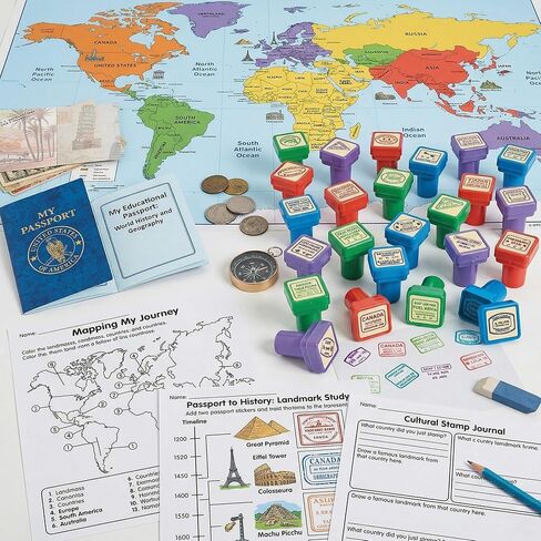 48PK STRAMPHING STAMPS CASSPORT STAMPS للأطفال - ملصق طوابع الريف المحدد لجوازات السفر ، والسفر التظاهر ، وأنشطة الجغرافيا - طوابع جوازات السفر من جميع أنحاء العالم in Kuwait