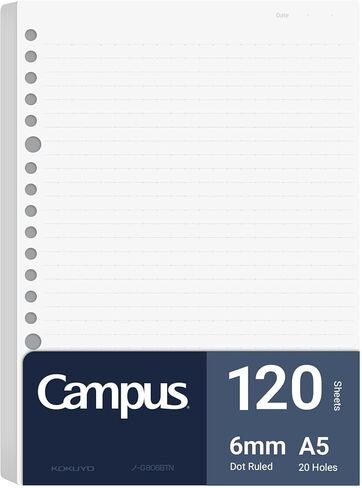 Kokuyo Campus Loose Leaf Paper for Binders, Business Type, Sarasara Smooth Writing, B5, B 6mm Dotted Ruled, 26 Holes, 38 Lines, 120 Sheets, pH Neutral, Bleed Resistant, Japan Import (NO-G836BTN) in Saudi Arabia