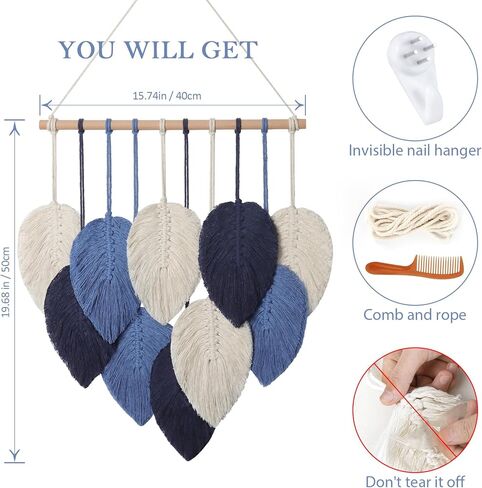 Weldomcor Macrame الجدار شنقا يترك أنيقة المنسوجة ورقة شرابات الديكور القطن الحلي نسيج ديكور الغرفة الحديثة البوهيمي اليدوية ريشة جدار الفن الزينة لخلفية الشقة (الأزرق الداكن) in Kuwait