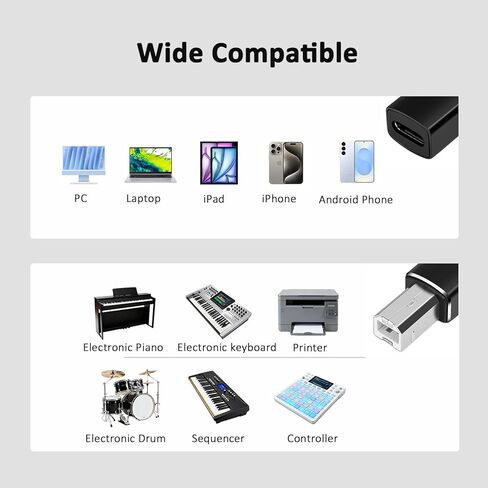 محول USB B إلى USB C، 2 حزمة، USB C أنثى إلى موصل محول ذكر يدعم مزامنة البيانات، متوافق مع الطابعات والبيانو الكهربائي وأجهزة المزج والأجهزة ذات منفذ MIDI، أسود in Kuwait