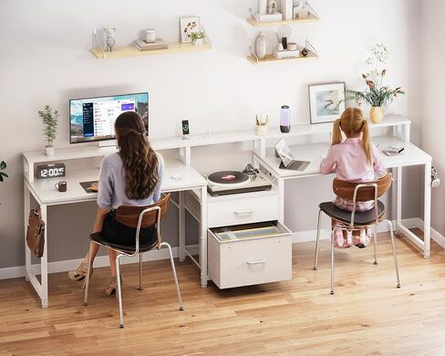 Casaottima 98 "2 شخص 2 Gaming Custom Desk with Fabric Drawer & File Cabinet ، وشاحنان كتابة مكتب Office Office مع منفذ الطاقة وضوء LED ومراقبة ، ورفوف التخزين ، والأبيض in Kuwait