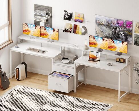 Casaottima 98 "2 شخص 2 Gaming Custom Desk with Fabric Drawer & File Cabinet ، وشاحنان كتابة مكتب Office Office مع منفذ الطاقة وضوء LED ومراقبة ، ورفوف التخزين ، والأبيض in Kuwait
