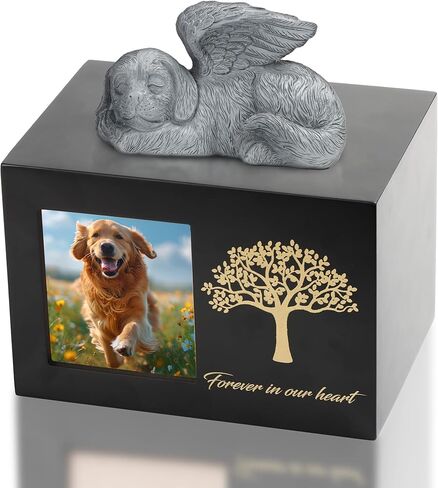 Pet Urns for Dogs, Black Wooden Urn for Dog Keepsake for Ashes, Memory Box with Resin Animal Statue and Sealed Storage Bags (75lbs) in Kuwait